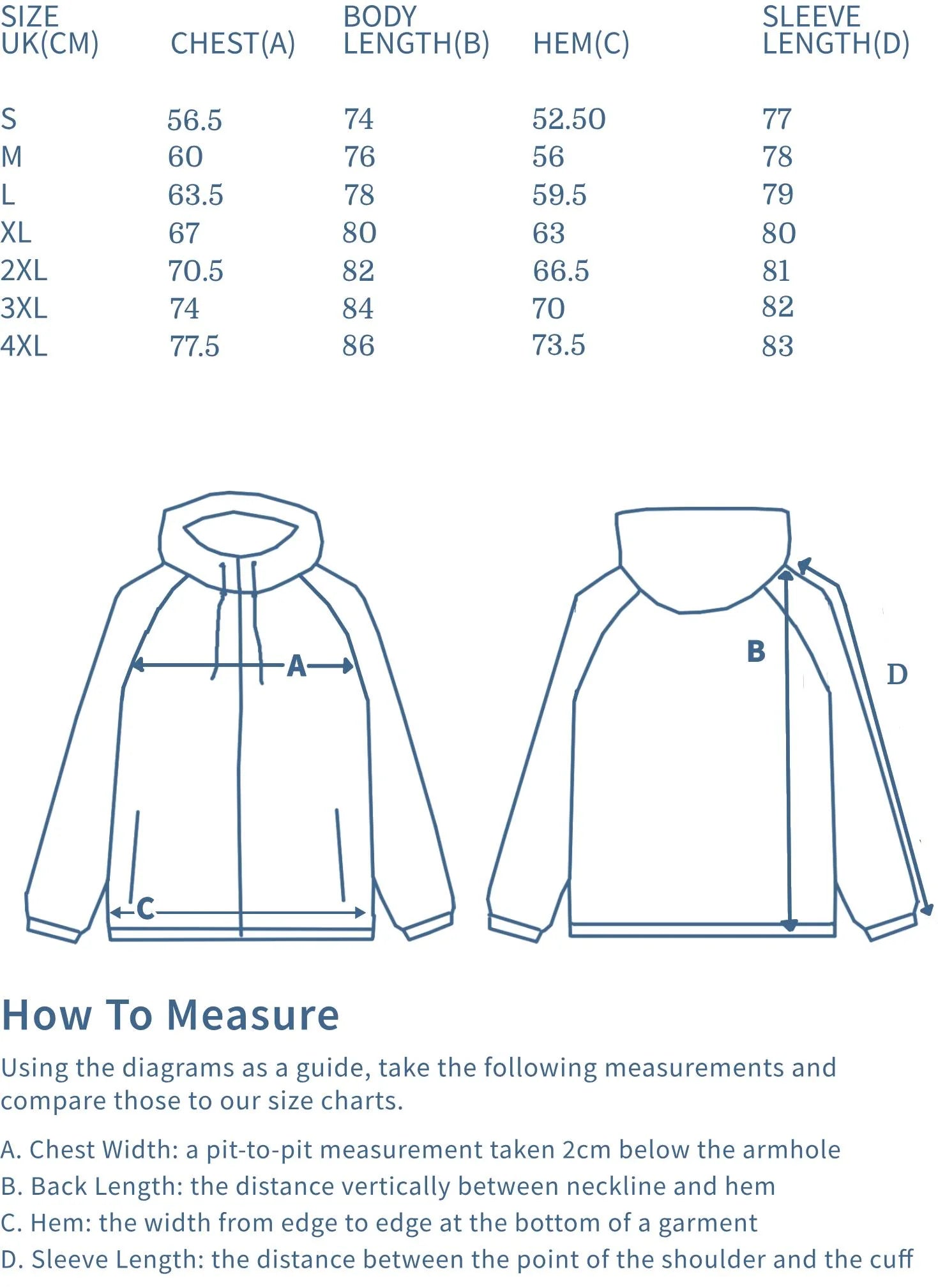 Size Chart for Ripstop Hooded Jacket